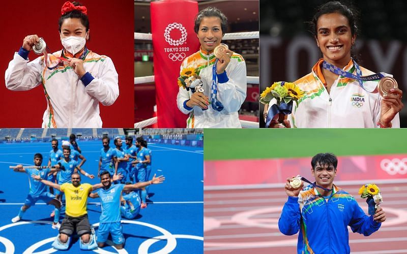 Top 5 moments for the Indians at Olympics [Image Credits: Getty, PV Sindhu/Instagram, Lovlina Borgohain, Hockey India, Neeraj Chopra/Twitter]