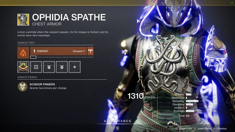 Exotic chest armor, Ophidia Spathe (Image via Destiny 2)