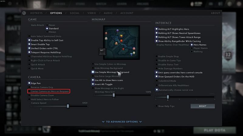 The &#039;center camera on hero on respawn&#039; option in Dota 2 (Image via Valve)