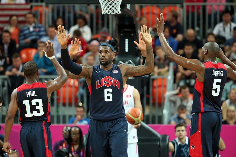 LeBron James #6 with Chris Paul #13 and Kevin Durant #5