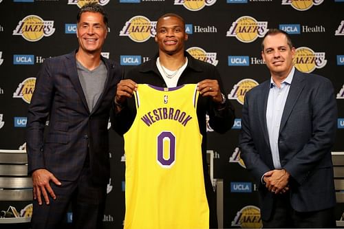 M Rob Pelinka, Russell Westbrook #0 and head coach Frank Vogel.