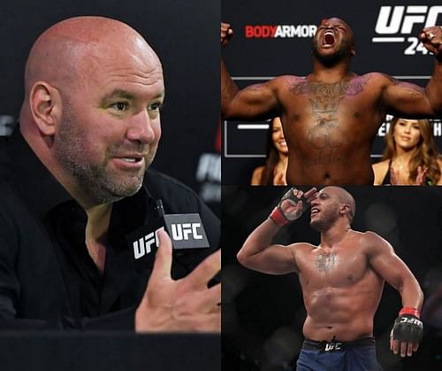 Dana White (left), Derrick Lewis (top right) and Ciryl Gane (bottom right)