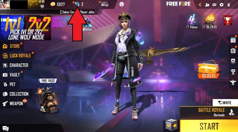 You must click on the &quot;Diamond&quot; icon to access the top up center (Image via Free Fire)