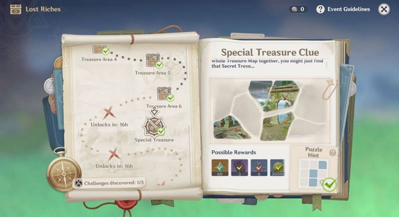 Lost Riches event page and Special Treasure puzzle hint (image via Genshin Impact)
