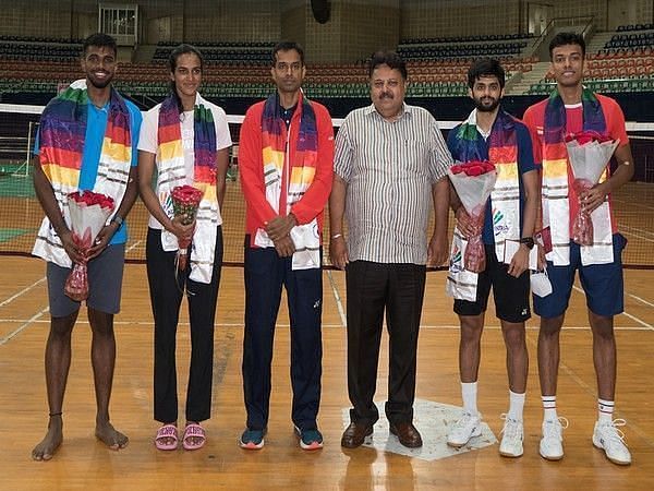 Ajay Kumar Singhania with PV Sindhu and other Indian badminton players in Hyderabad