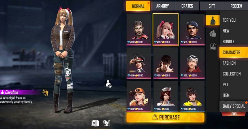 There are many characters that are available for gold that can be earned in-game (Image via Free Fire)
