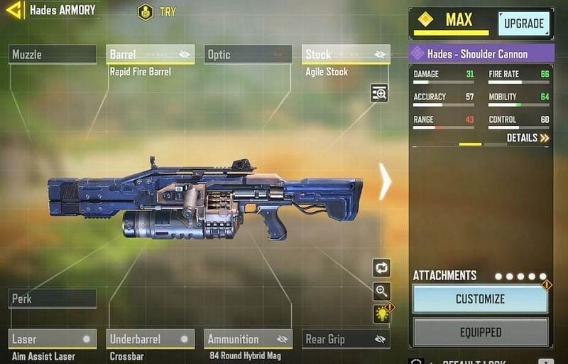 Unlock the Hades LMG from the free Battle Pass and upgrade to unlock all its attachments (Image via COD Mobile)