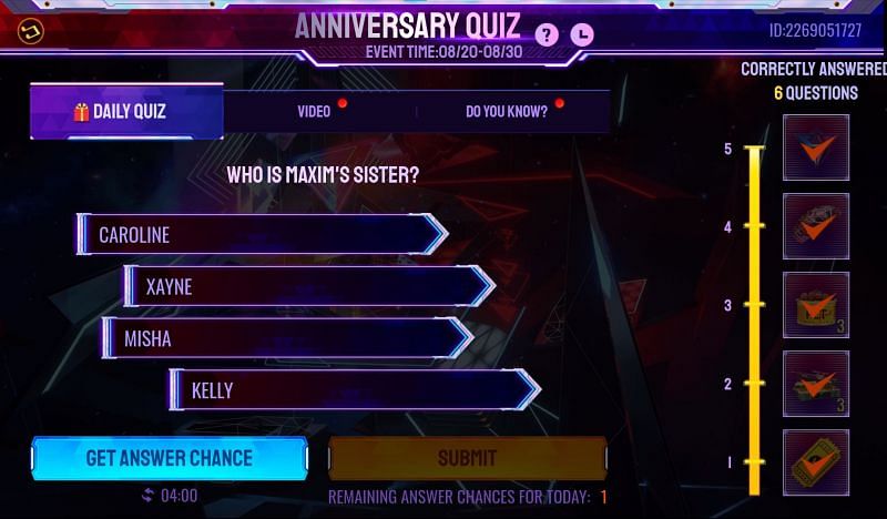 The anniversary quiz question for 29 August 2021 (Image via Free Fire)