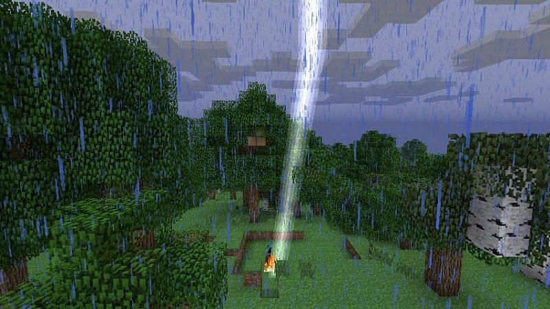 Thunderstorms are a rare weather event in Minecraft, but can spawn some unique mobs. Image via Minecraft