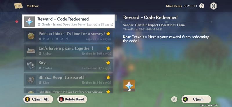 Claim the Primogems from the mailbox (Image via Genshin Impact)