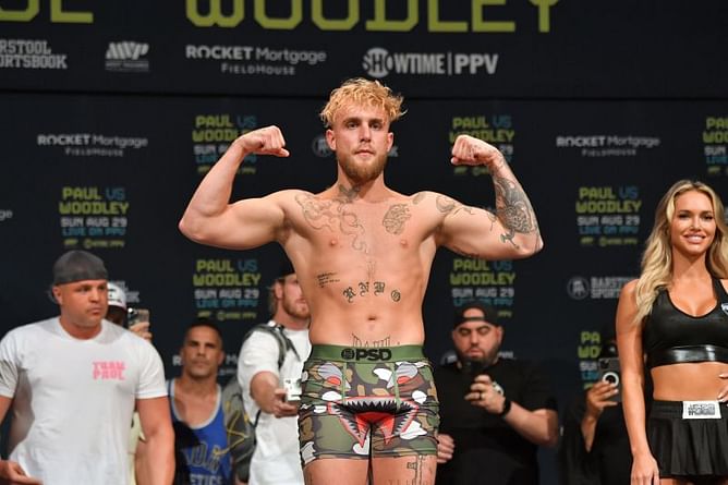 Jake Paul wearing shorts with LED screens on them for his fight against Tyron Woodley