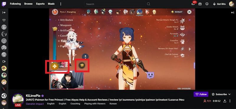 Like and reward buttons on the left side (Image via Twitch)