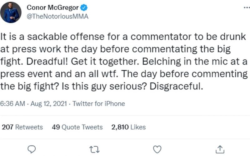 McGregor also took aim at DC being intoxicated