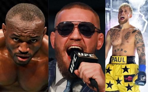 Kamaru Usman (left); Conor McGregor (center); Jake Paul (right)