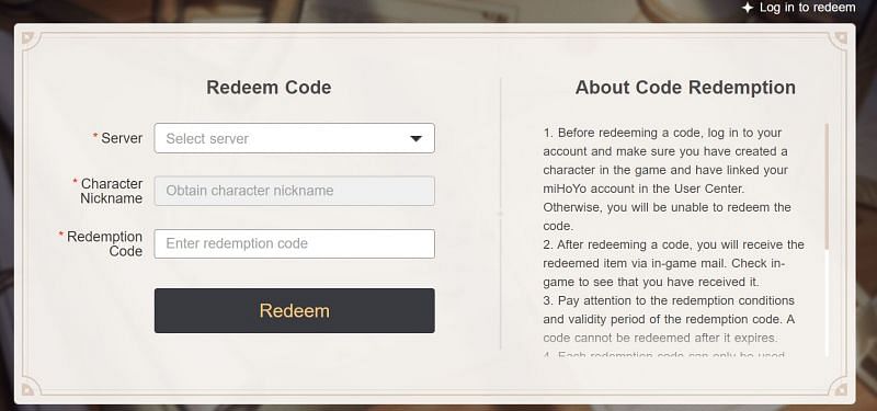 Genshin Impact&#039;s official code redemption page (Image via miHoYo )