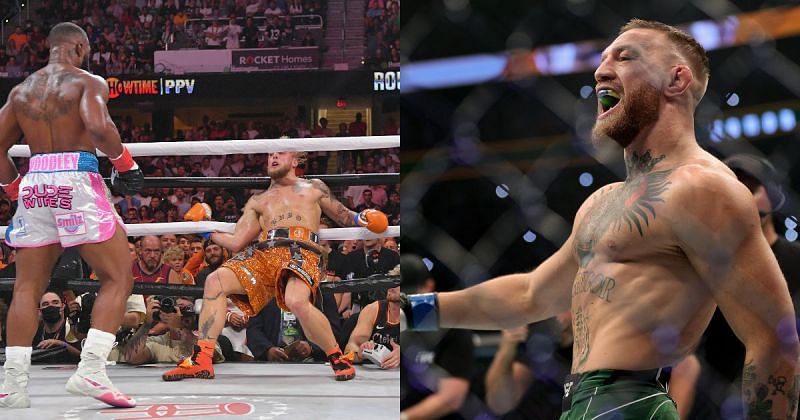 Conor McGregor (right) appeared to react to Jake Paul vs. Tyron Woodley (left)
