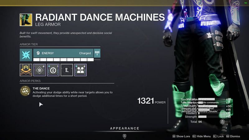 Destiny 2 Exotic Leg armor for Hunter, Radiant Dance Machines (Image via Bungie)