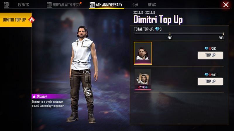 Dimitri is available as a reward for purchasing 200 diamonds (Image via Free Fire)