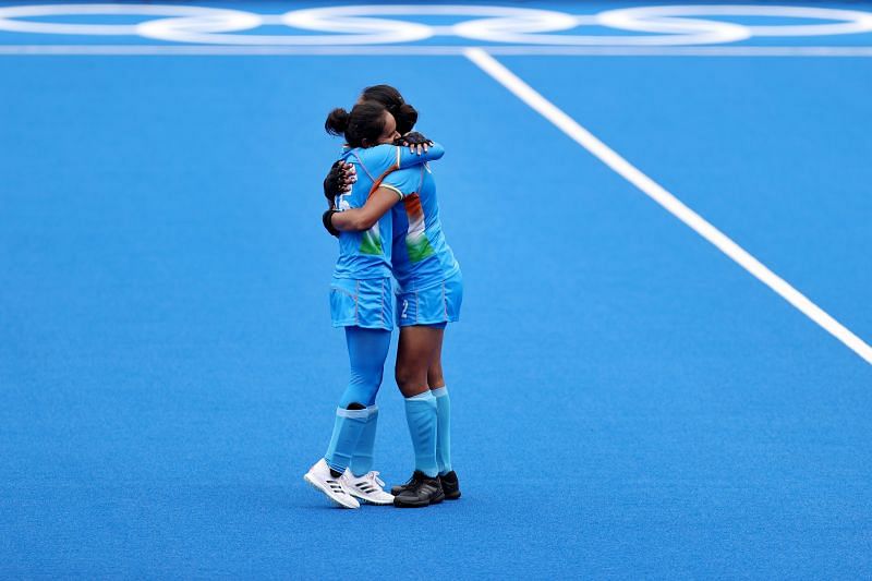 Gurjit Kaur and Nisha of India react after their 1-0 win after the Women&#039;s Quarterfinal match between Australia and India