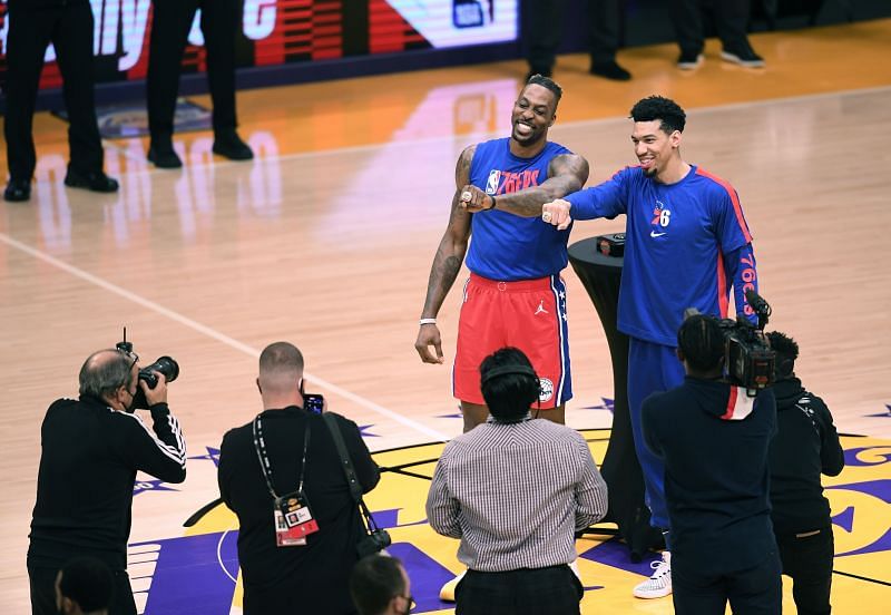 Dwight Howard #39 and Danny Green #14 pose for a picture as they receive their championship rings from the Lakers.