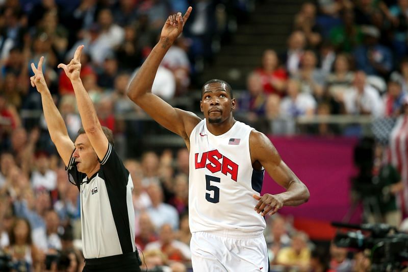 Kevin Durant #5 of the United States in the 2012 Olympics.