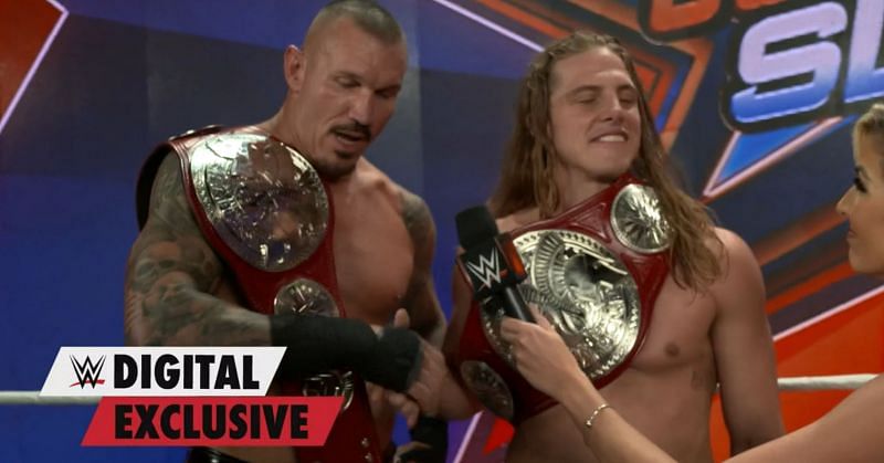 Randy Orton and Riddle after winning the RAW Tag Team Championships