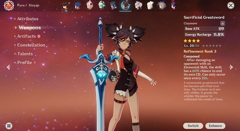 Xinyan wielding Sacrificial Greatsword (Image via Genshin Impact)