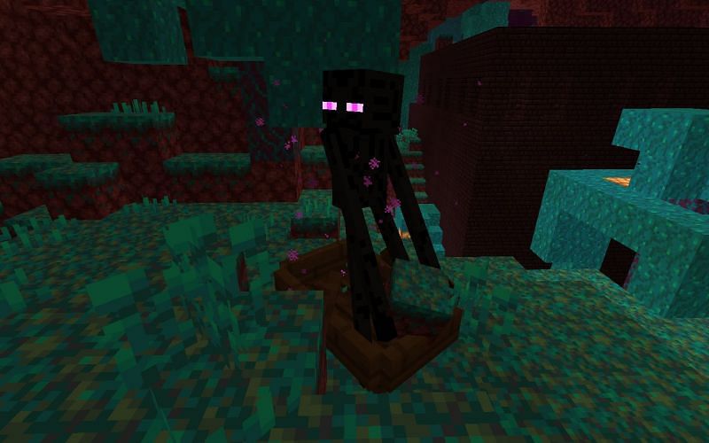 An enderman trapped in a boat (Image via Minecraft)