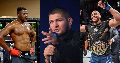 Francis Ngannou (left), Khabib Nurmagomedov (central), Ciryl Gane (right) [Images Courtesy: @francisngannou @khabib_nurmagomedov @ciryl_gane on Instagram]