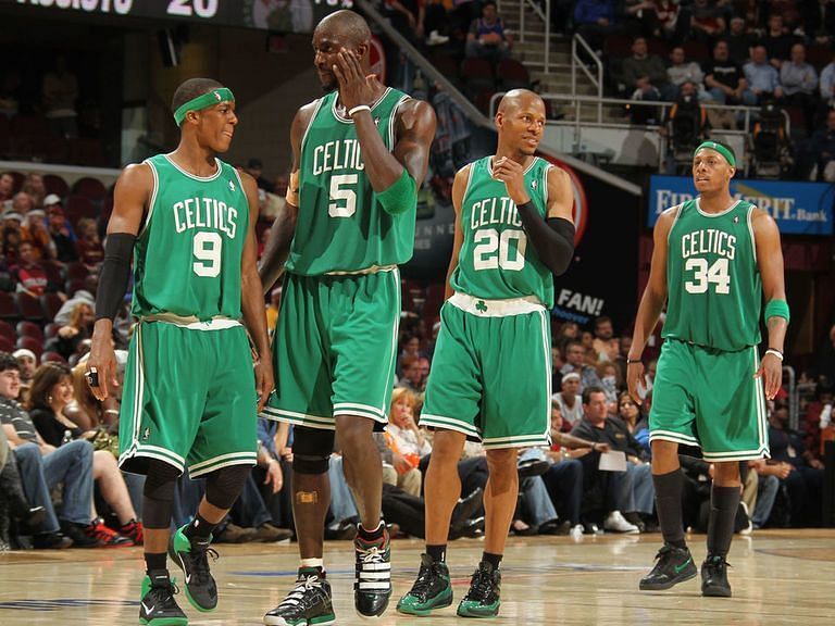 (from left to right) Rajon Rondo, Kevin Garnett, Ray Allen and Paul Pierce with the Boston Celtics in 2008 [Source: The Score]