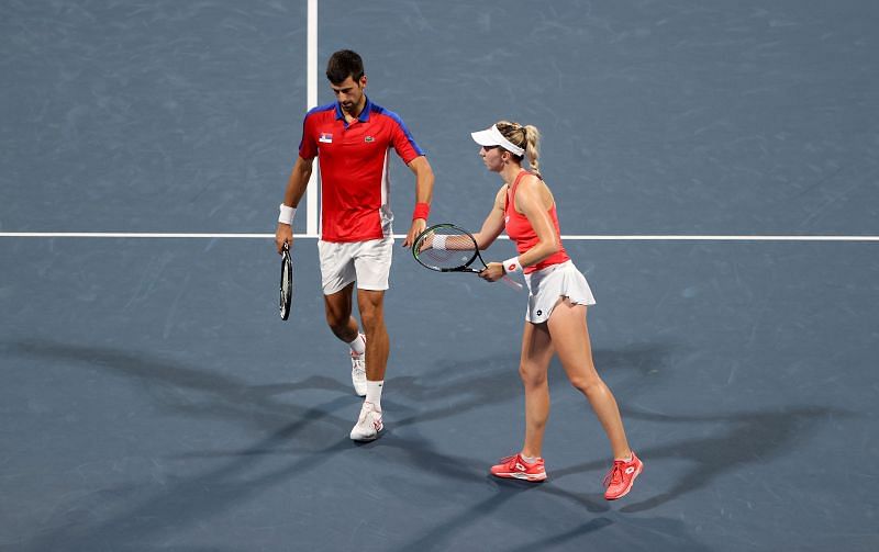 Novak Djokovic with doubles partner Nina Stojanovic at the Olympics