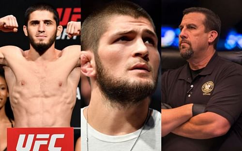 Islam Makhachev (left); Khabib Nurmagomedov (center); John McCarthy (right)