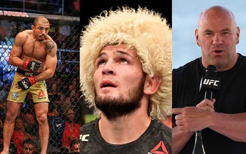 Jose Aldo (left); Khabib Nurmagomedov (center); Dana White (right)