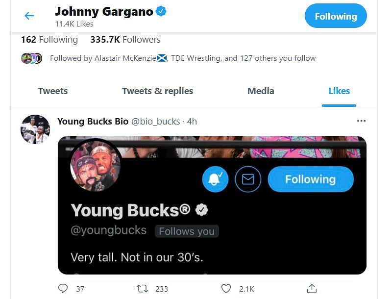 Johnny Gargano liked The Young Bucks&#039; new bio on Twitter