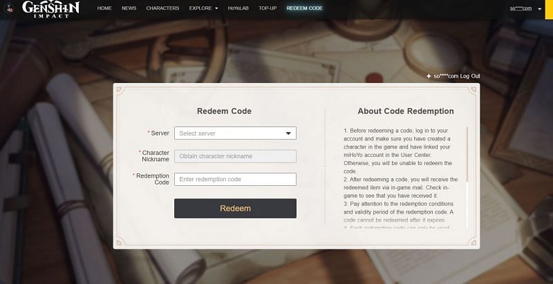 Genshin Impact code redemption website (Image via Mihoyo)