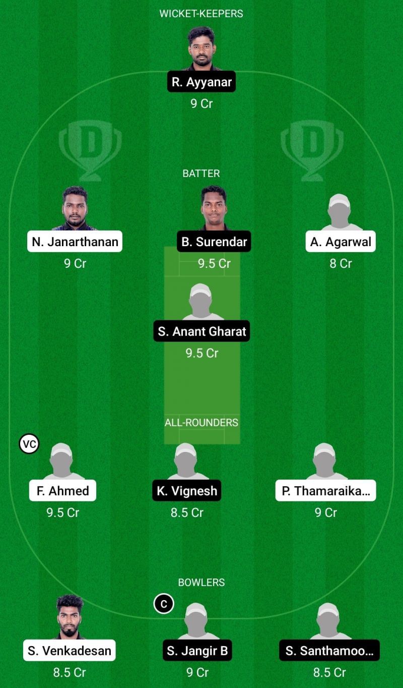 Dream11 Team 1 for Tuskers XI vs Lions XI - Pondicherry T20 2021.