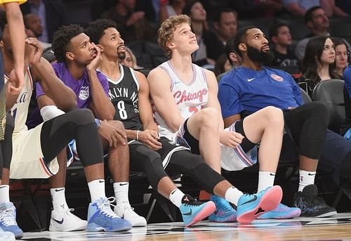 Buddy Hield #24, Spencer Dinwiddie #8, Lauri Markkanen #24 and Andre Drummond #0 during the 2018 Taco Bell Skills Challenge