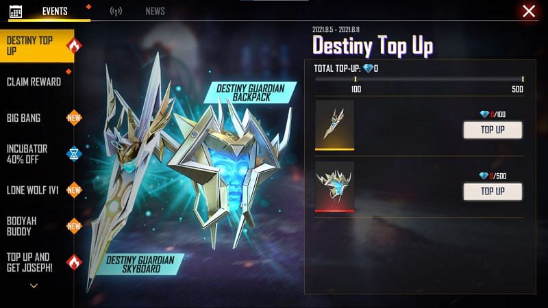 Destiny Top up events provides 2 rewards - one backpack and another surfboard (Image via Free Fire)