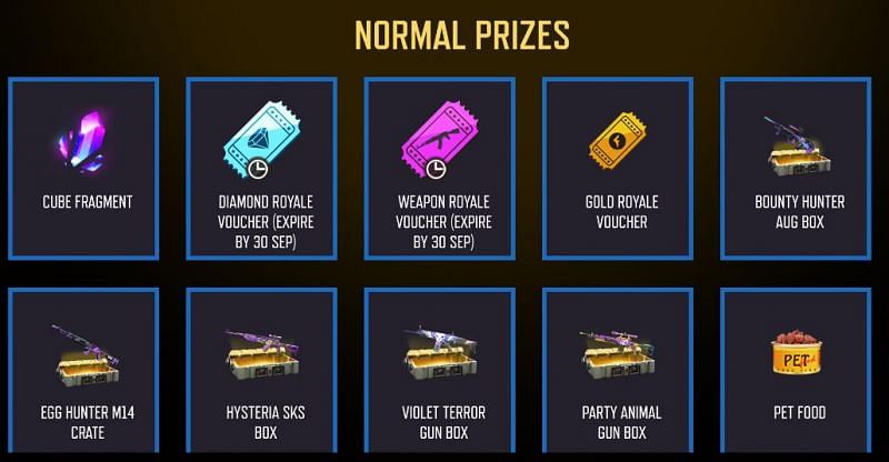 The normal prizes include multiple gun crates and vouchers (Image via Free Fire)