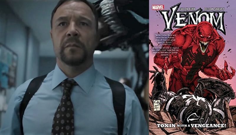 Detective Mulligan in Venom 2, and Toxin in the comics. (Image via: Sony Pictures Entertainment, and Marvel Comics)