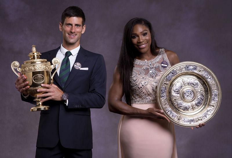 Serena Williams and Novak Djokovic pose at the Champions Dinner after winning Wimbledon in 2015