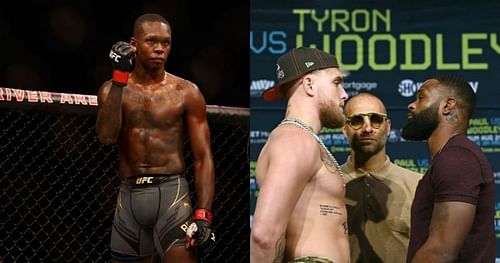 Israel Adesanya (left), Jake Paul (center) & Tyron Woodley (right)