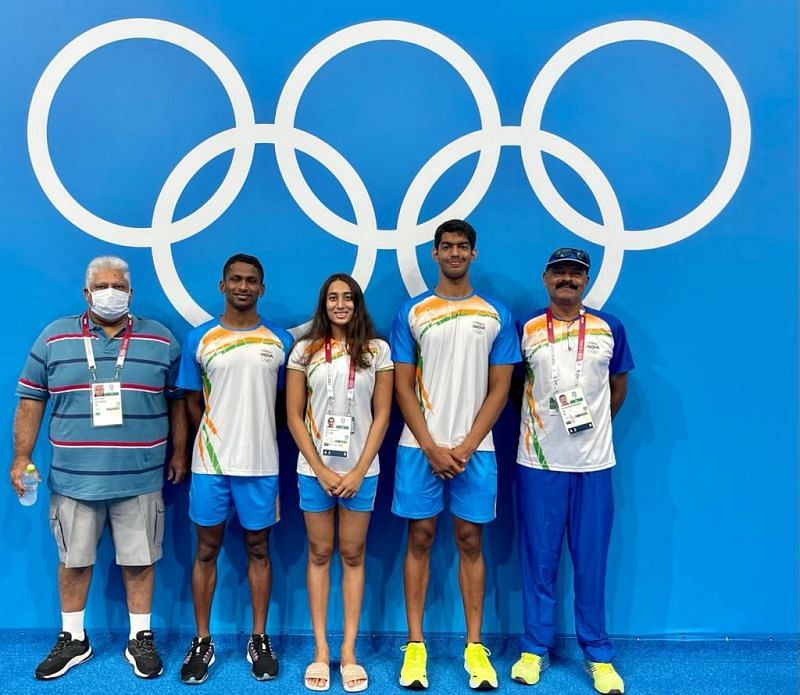 Indian swimmers Sajan Prakash, Maana Patel and Srihari Nataraj at the Tokyo Olympics
