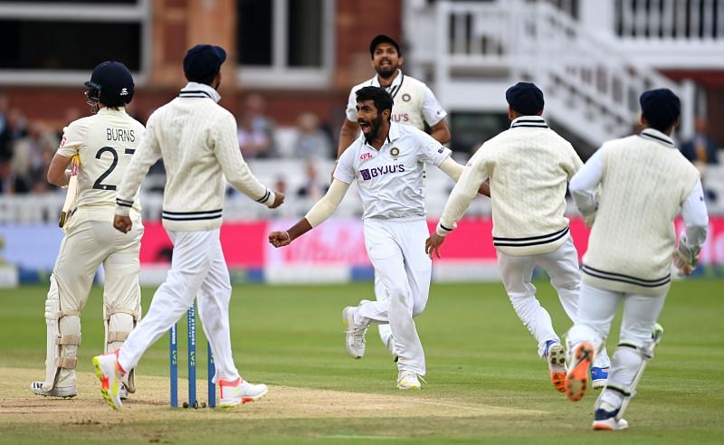 Jasprit Bumrah celebrates after dismissing Rory Burns on Day 5 at Lord&#039;s. Pic: Getty Images