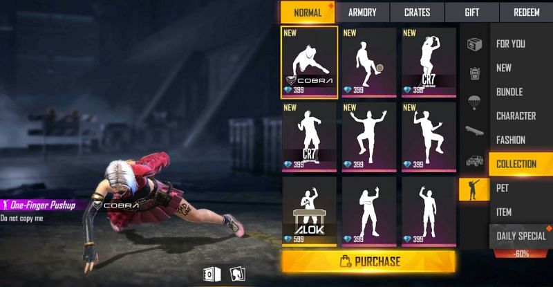 You need to tap on the &ldquo;Emote&rdquo; section and then purchase the required emote (Image via Free Fire)