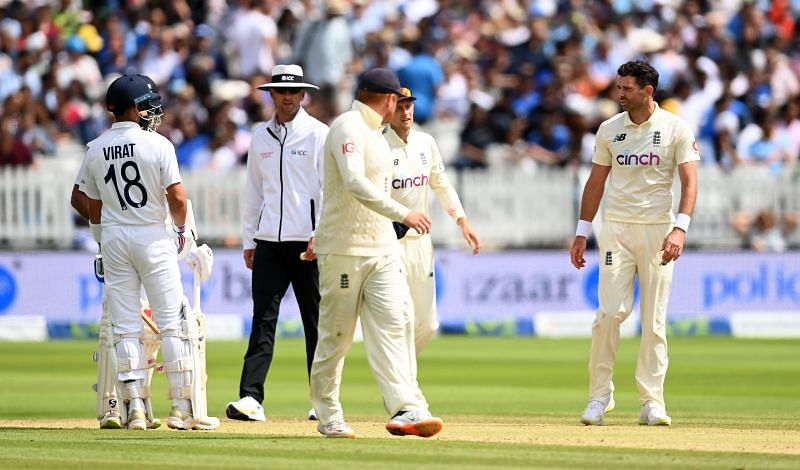 Virat Kohli (left) and James Anderson (right) have a &lsquo;discussion&rsquo; during the Lord&rsquo;s Test. Pic: Getty Images