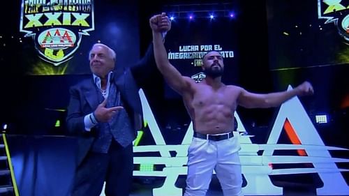 Ric Flair at TripleMania with Andrade El Idolo