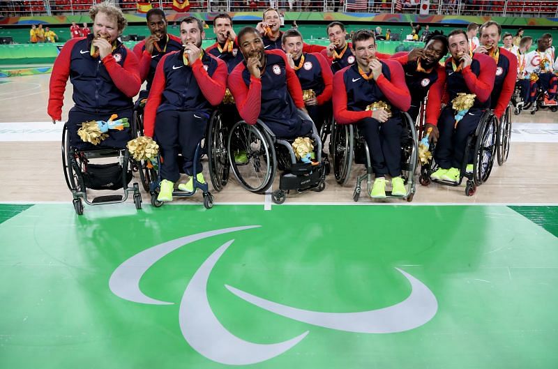 USA men&#039;s wheelchair basketball team celebrate their gold medal victory at the 2016 Rio Paralympics