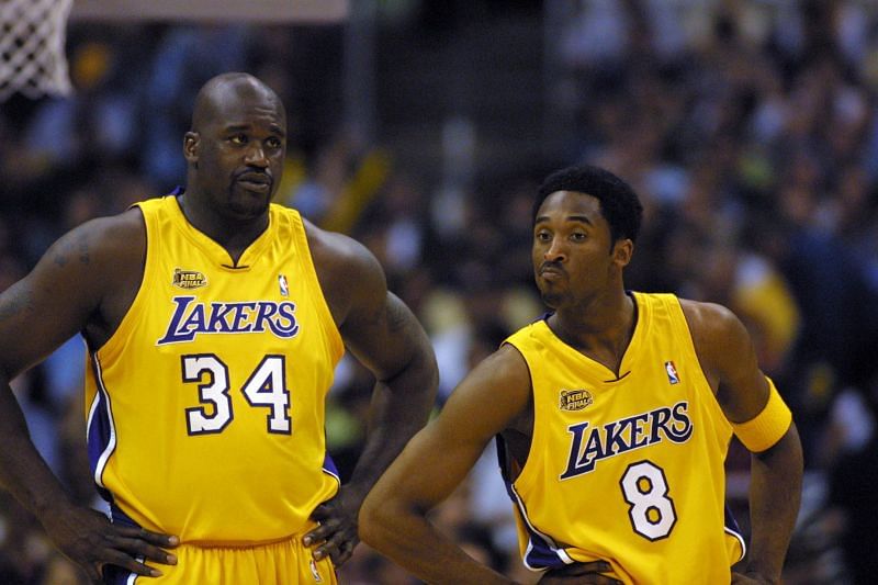 Shaquille O&#039;Neal and Kobe Bryant (#8) with the LA Lakers [Source: Bleacher Report]