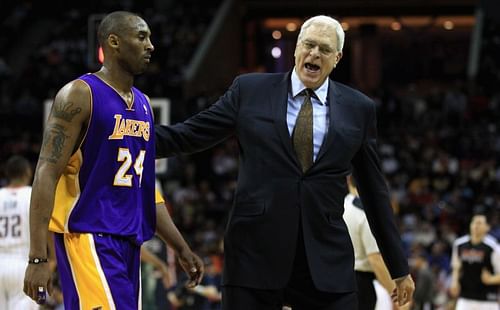 Head coach Phil Jackson with Kobe Bryant and the LA Lakers